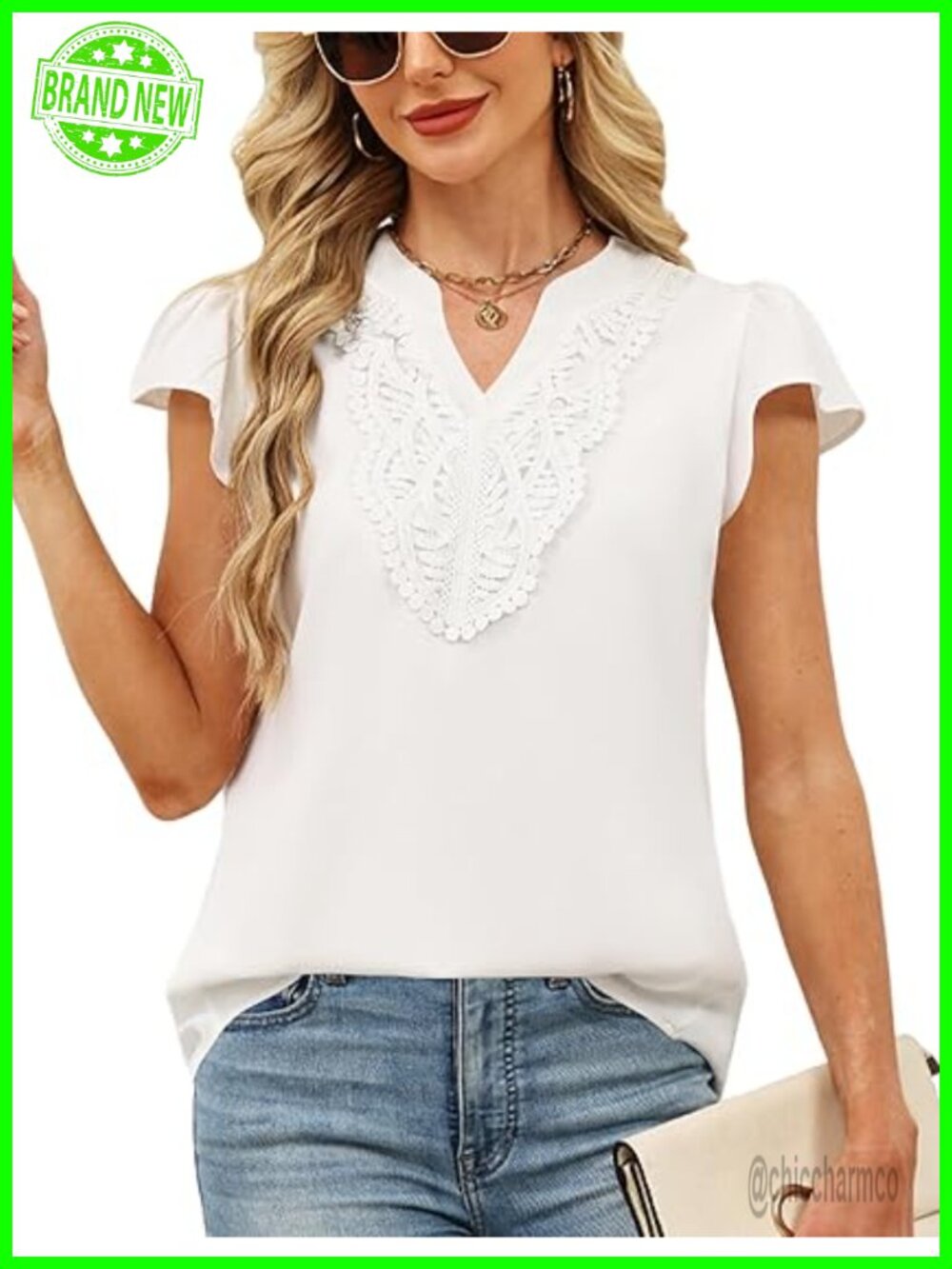 Women's V-Neck Blouse with Ruffle Short Sleeves Lace Detail